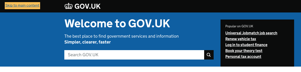 Screenshot of skip link on gov.uk website