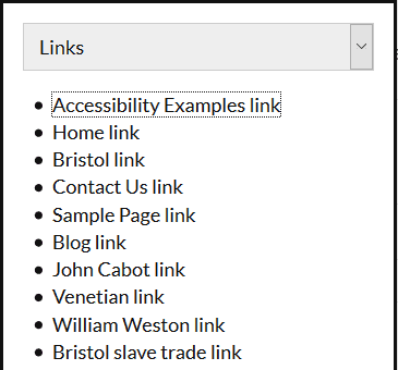 The A11y Outline dialogue box showing links on the current page.