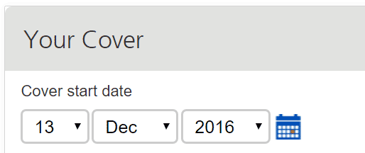 Date input using three dropdowns. There are no individual labels, but the purposes of the inputs are fairly easy to determine. Note also the presence of a calendar icon.