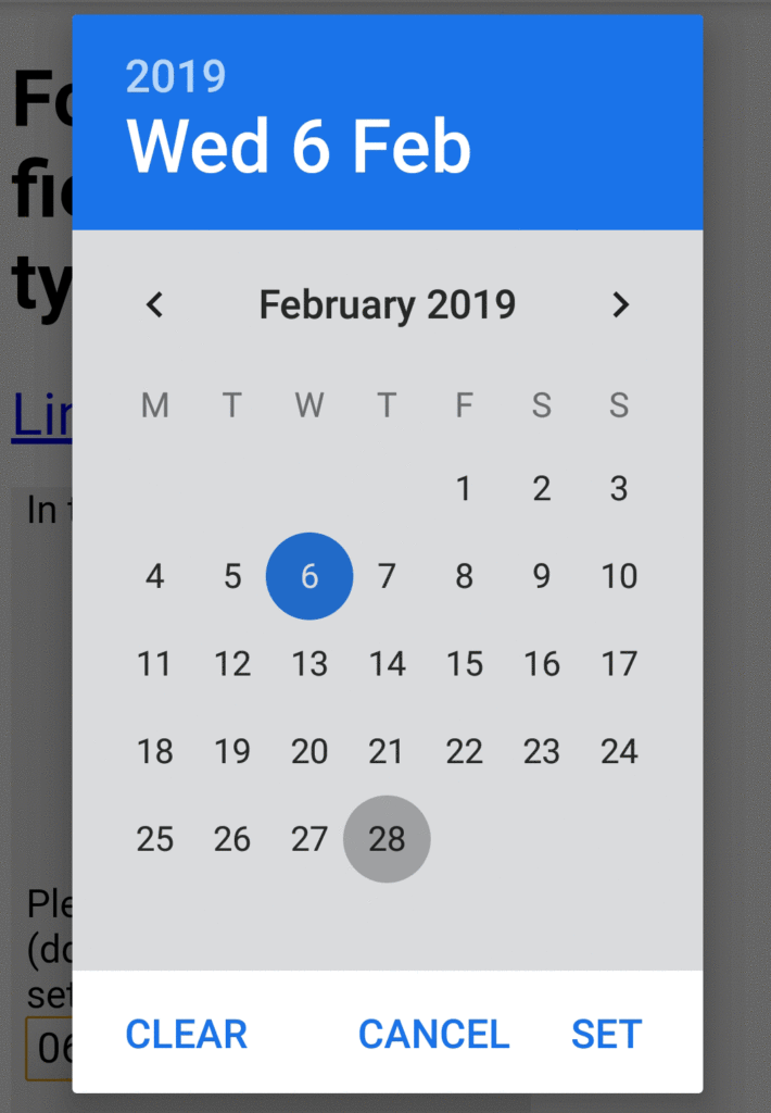 Using a Bluetooth keyboard with Android calendar. Grey circle shows keyboard focus.