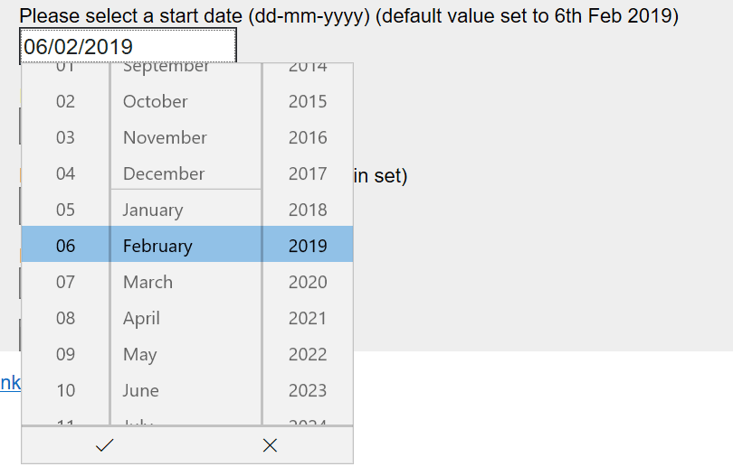 Date selector in Edge browser. It has separate reels for day, month and year that can be controlled by up and down arrow keys.