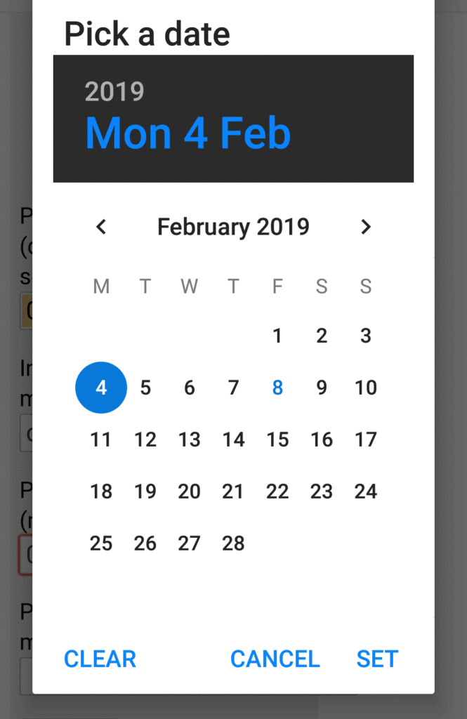 Android calendar view in Firefox - current month shown with controls to select other months. Today's date is marked in blue, but all other dates in black.