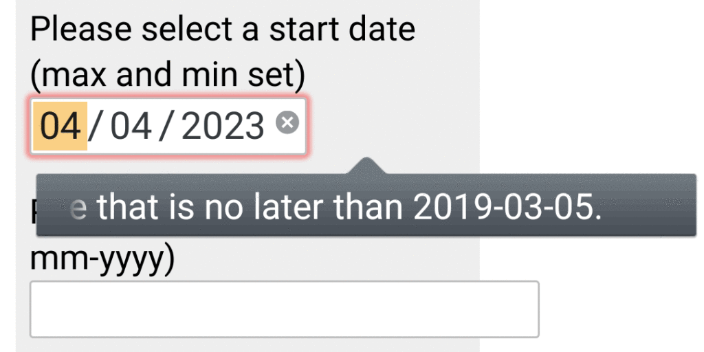 Submitting a date outside valid range in Firefox on Android. The browser generated error message in not read out by Talkback.