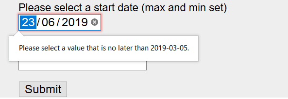 Date input in Firefox showing error message after submitting form with invalid date. Error message reads 'Please select a value that is no later than 2019-03-05'.