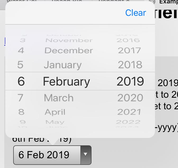 The iOS calendar reels are shown after tapping onto the date control.