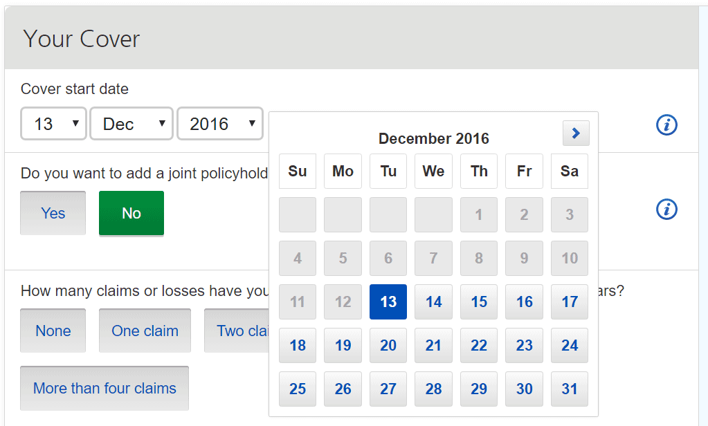 Date picker calendar popup adjacent to date collection fields.