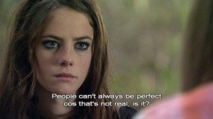 Frame of video showing caption "People can't always be perfect cos that's not real, is it?"