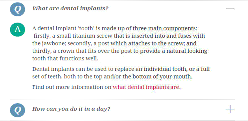 Accordions used on a dental implants website