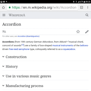 Accordions used in Wikipedia, when viewed on smartphone.